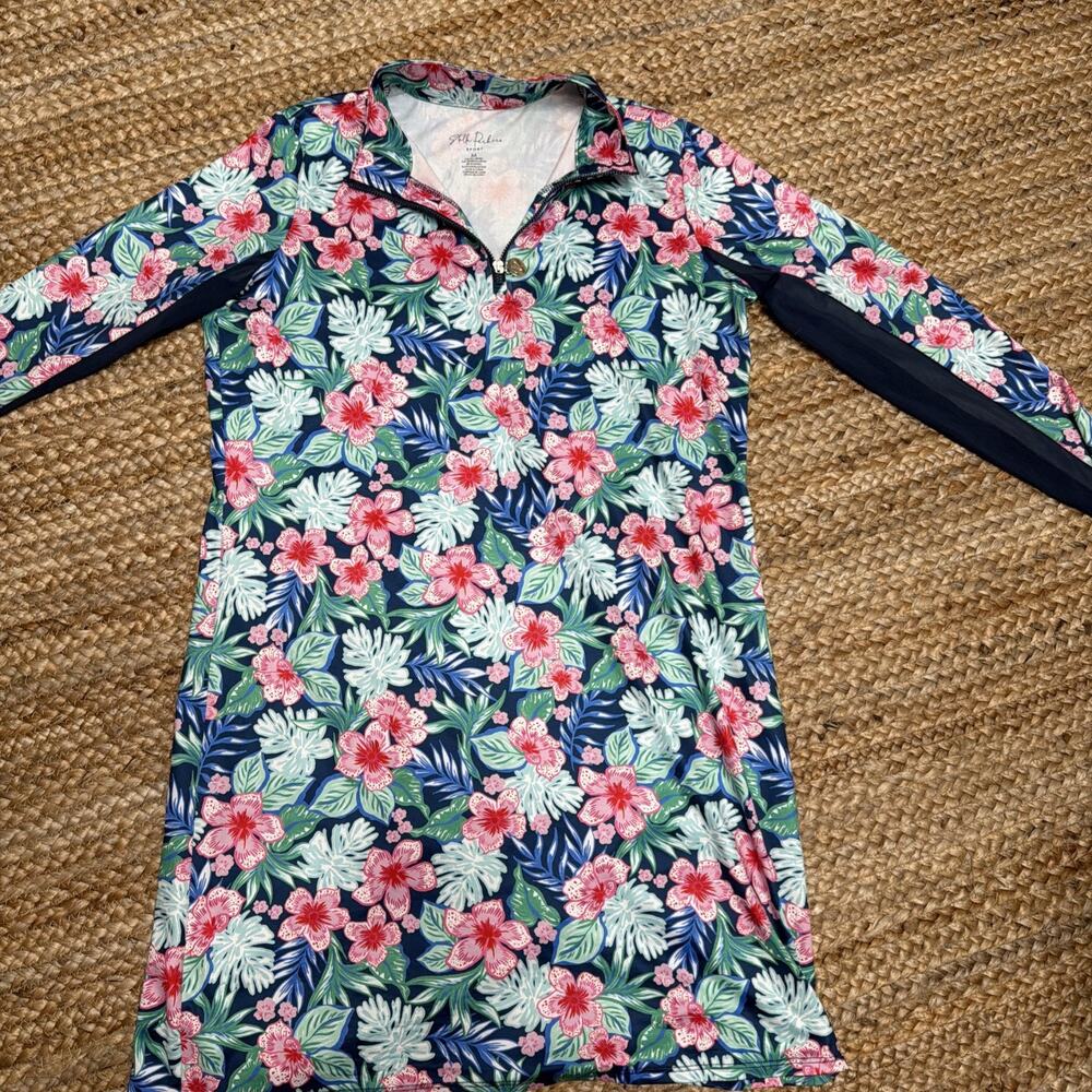 Stella Parker Floral UPF 50 Sheath Mock Neck Dress Pink Blue Long Sleeves Sz M - Picture 5 of 7